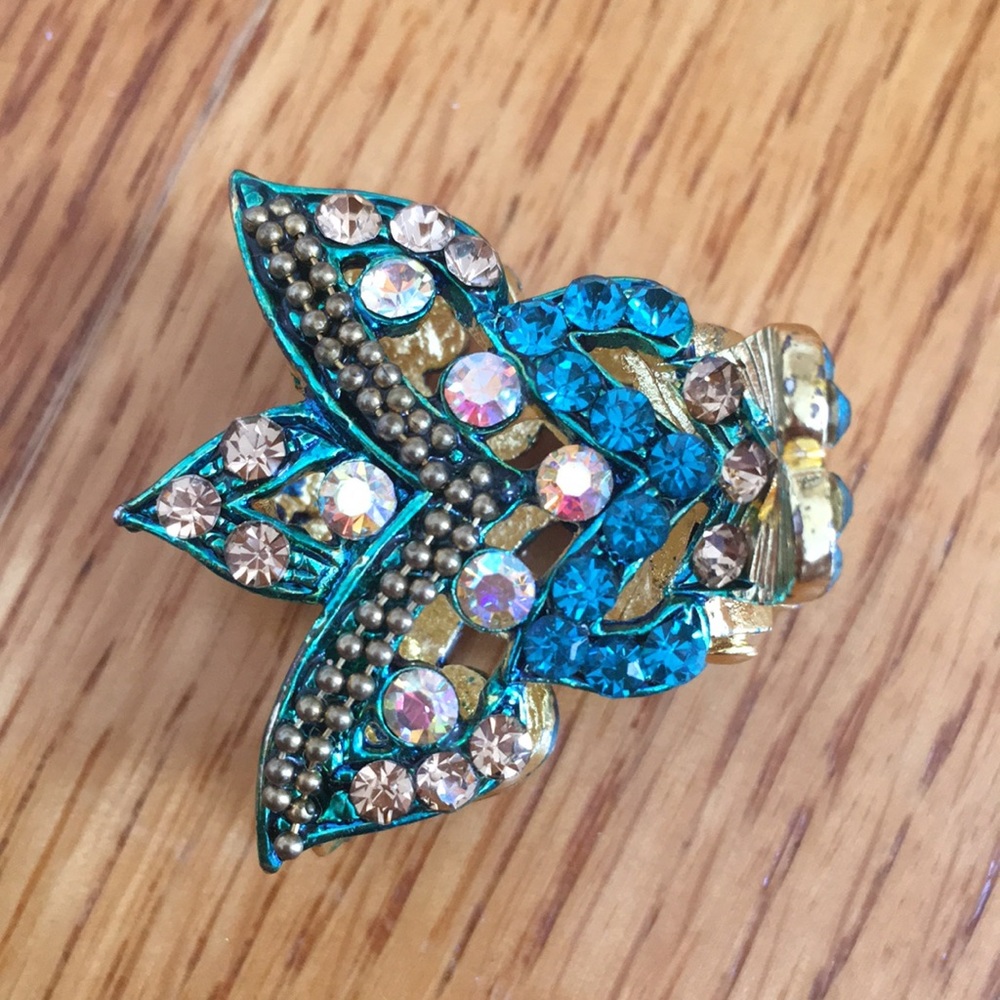 New Hair clip Gold color base White Blue stones Metal